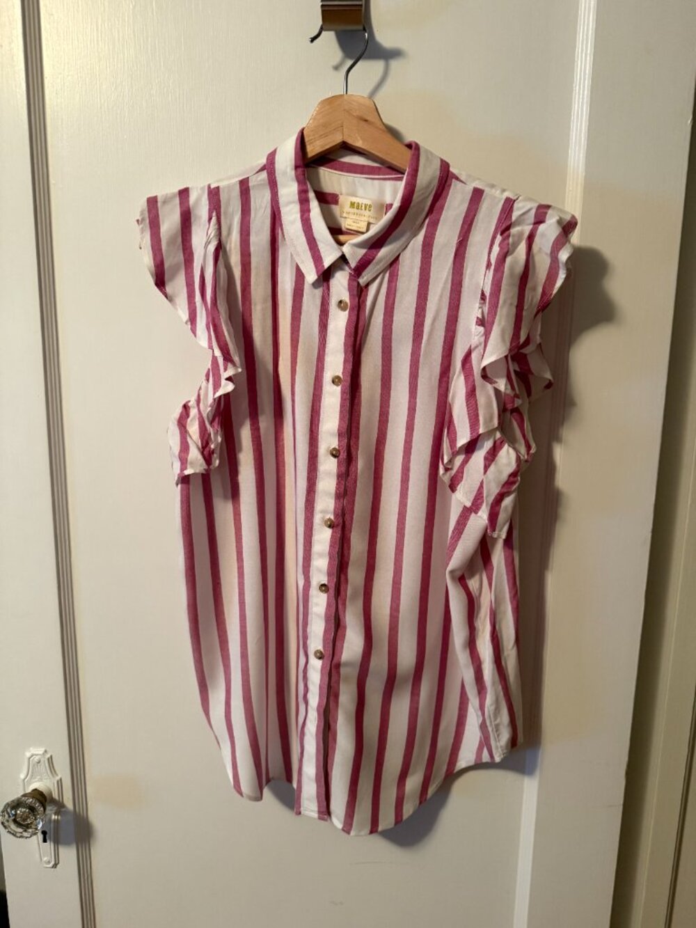 Anthropologie Maeve striped ruffle short sleeve button up blouse.